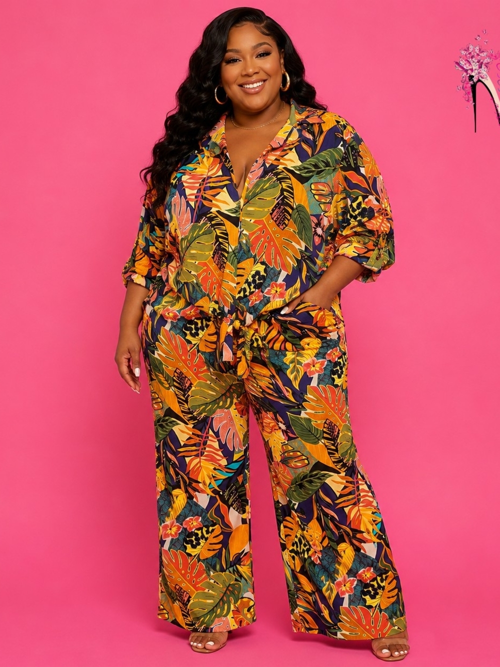 NWT Tropical Leaf Print Wide-Leg 2 Piece Set